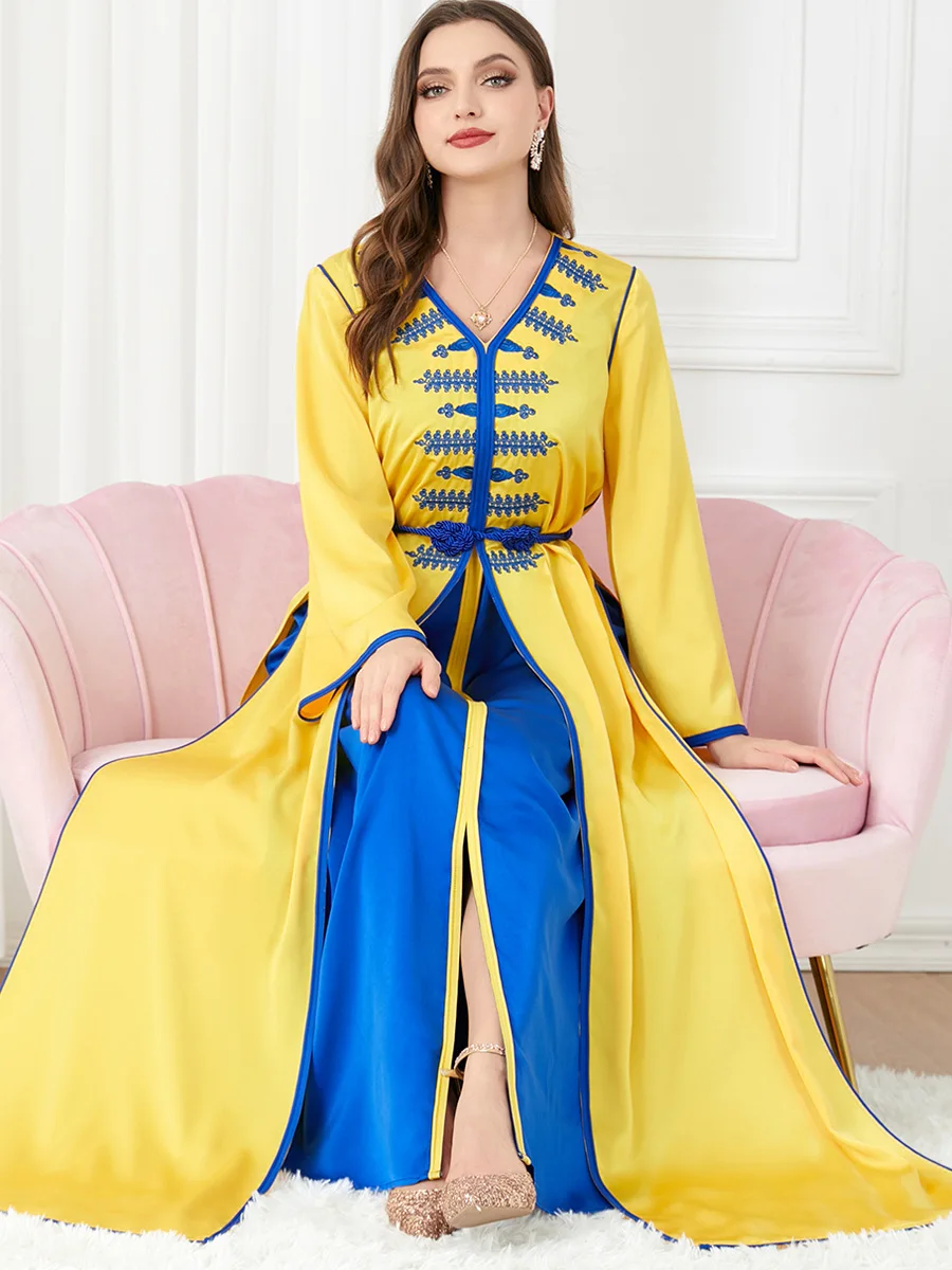 Women Elegant Party Dress Muslim 2 Piece Set Abaya Morocco Embroidery Abaya Dubai Turkey Kaftan Musulmane Vestidos Jalabiya Robe