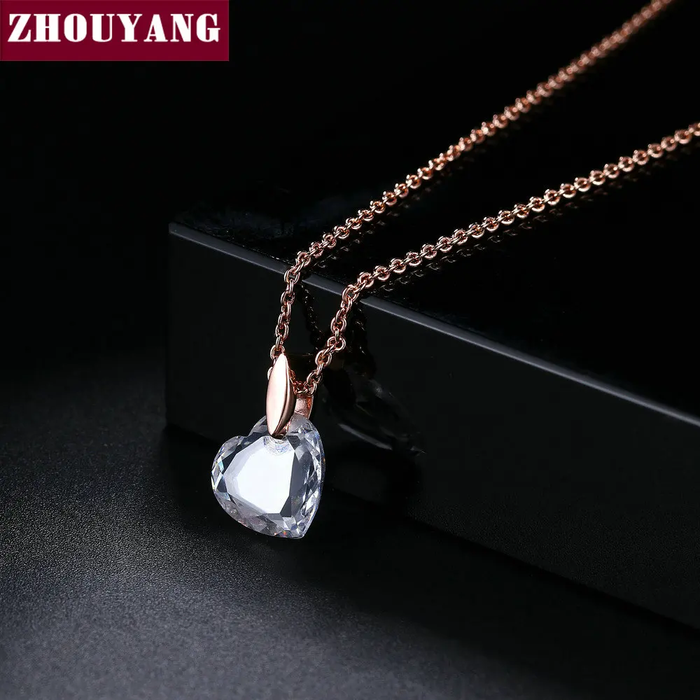 ZHOUYANG Pendant Necklace For Women Clear Heart-cut Crystal Rose Gold Color Fashion Jewelry Gift ZYN126