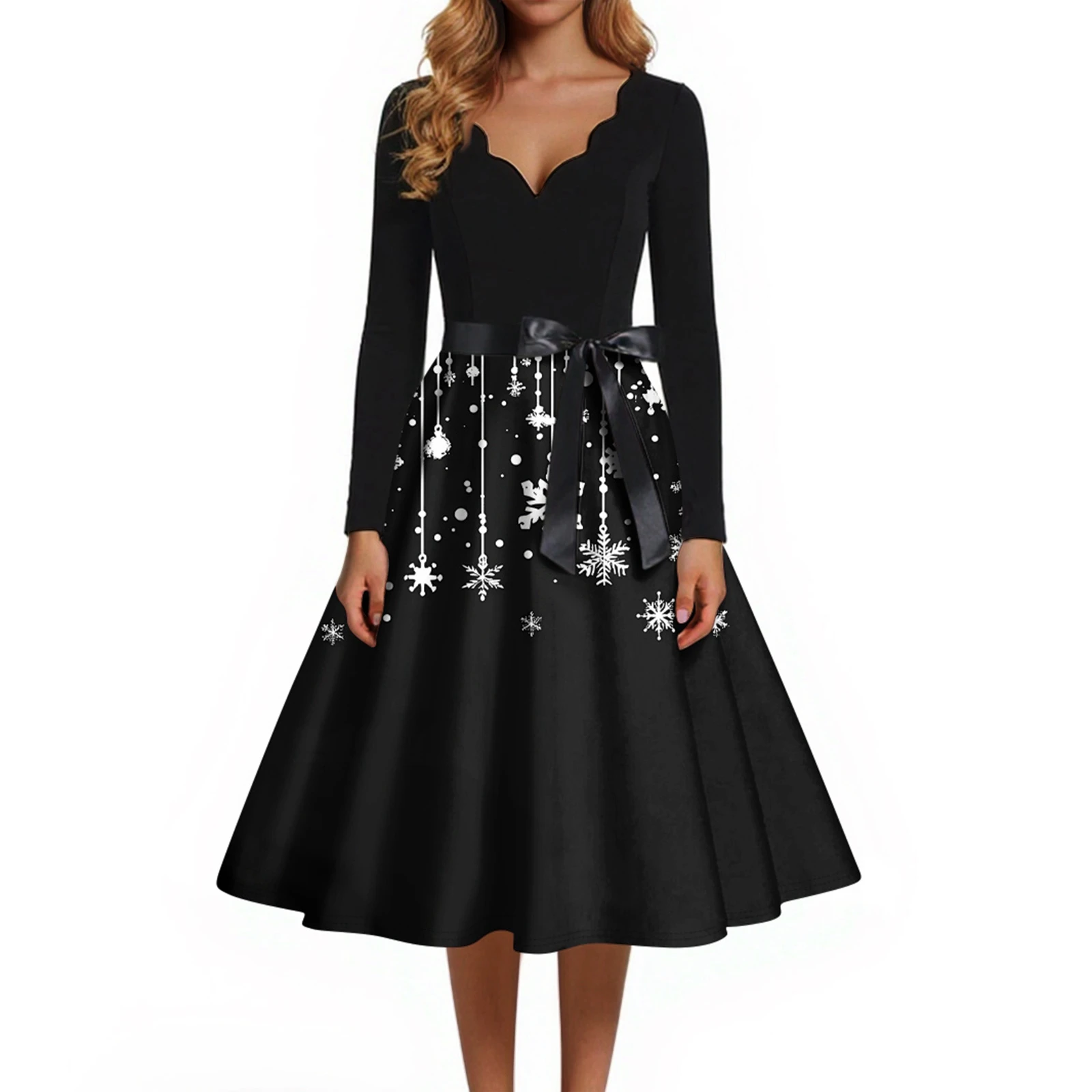 เดรสคริสต์มาสพิมพ์ลายสำหรับผู้หญิง เอวสูง ทรงเอ แฟชั่นลำลอง แขนยาว คอวี สำหรับงานปาร์ตี้ ชายกระโปรงบานใหญ่ แต่งโบว์