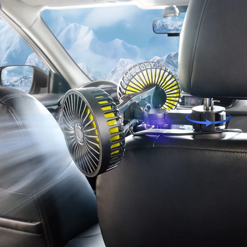 Ventilador de refrigeración para asiento trasero de coche, accesorio ajustable de doble cabezal, reposacabezas automático, 3 velocidades, 360 °, sin