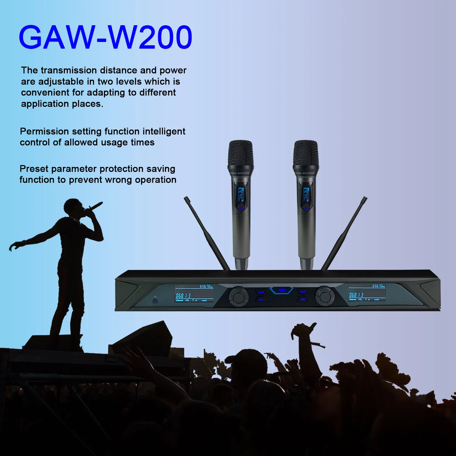 Sistema de micrófono inalámbrico, dispositivo de 2x100 canales, UHF, 100M de distancia de trabajo para KTV de escenario de Conferencia