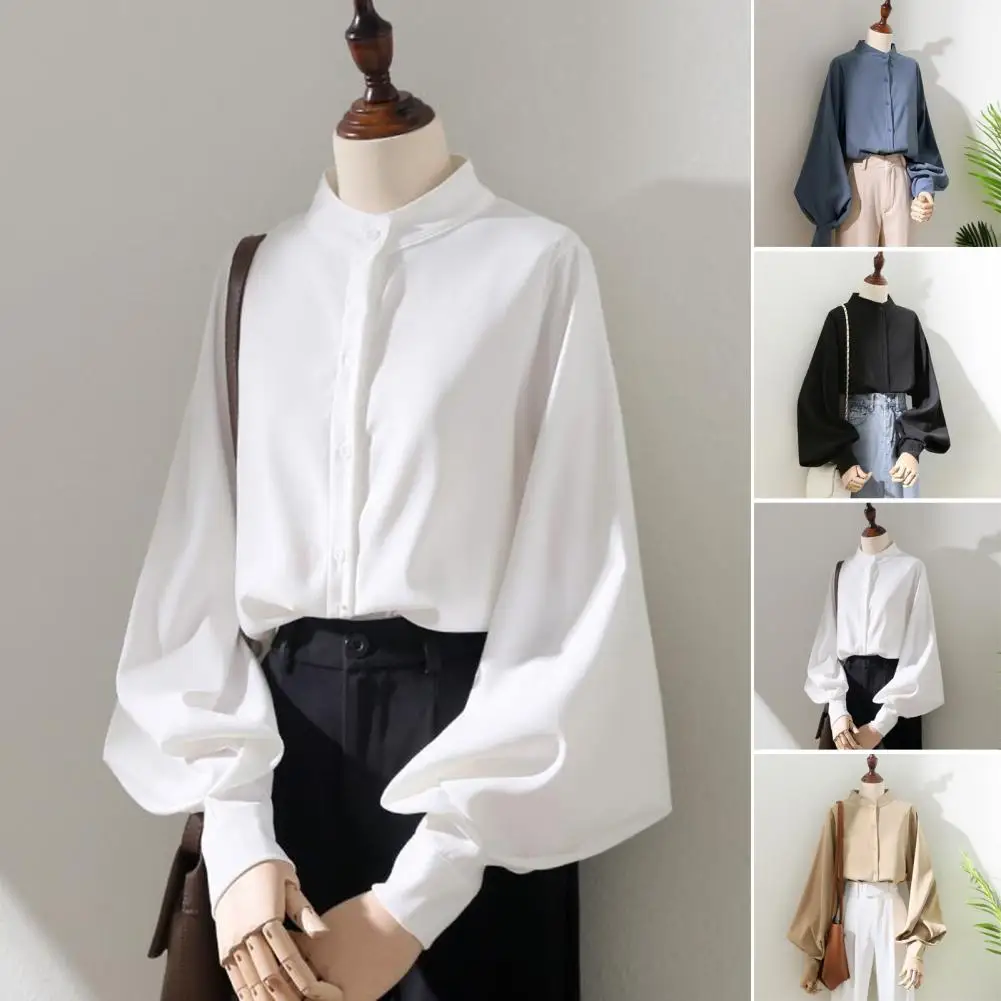 Commuting Style Blouse Elegant Stand Collar Lantern Sleeve Women's Shirt for Office Lady Solid Color Loose Fit Single Breasted