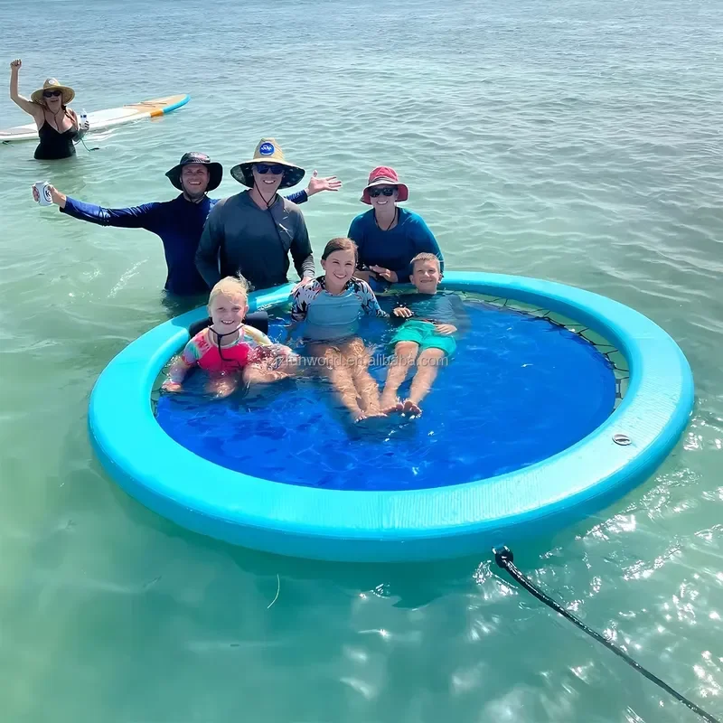 Portable Inflatable Floating Water Island Mat with Mesh Netting Round Hammock Lounger with D-Rings