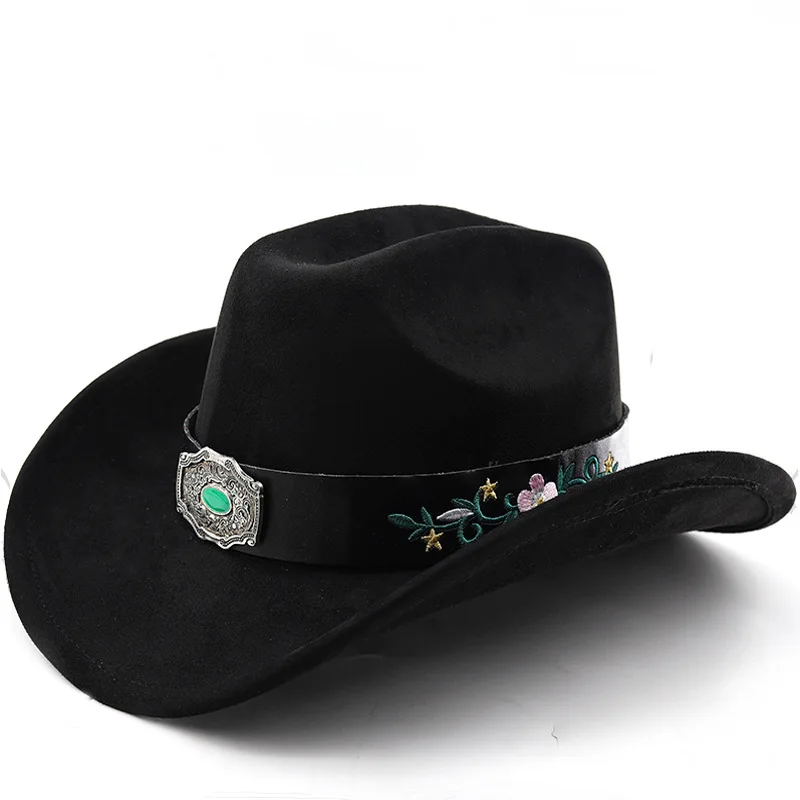 Suede Ethnic Tibetan Style Western Cowboy Top Autumn Winter Men's And Women's Felt Blue Turquoise Belt Jazz Hat