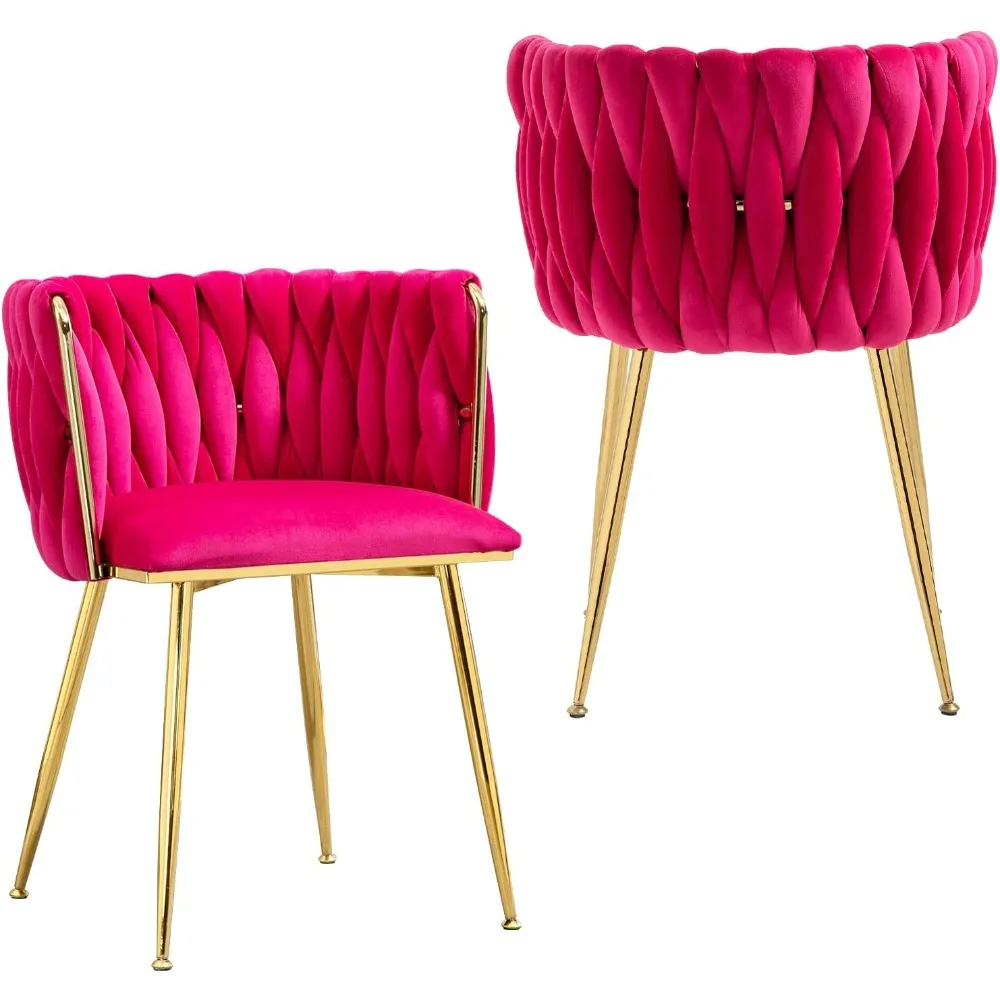 

Modern Velvet Dining Chairs Set of 2 Hand Weaving Accent Upholstered Side Chair with Golden Metal Legs for Dining Room Kitchen