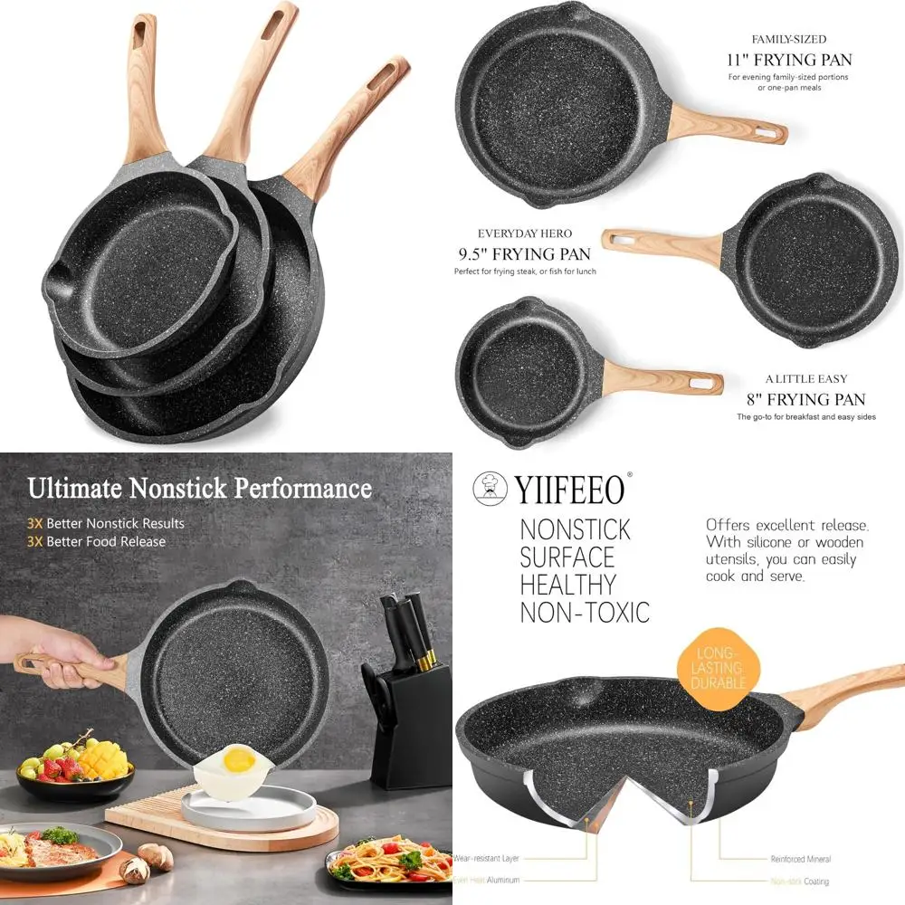 

Non-Stick Frying Pan Set - Granite Skillet Set, PFOA and PTFE Free, Induction Compatible, Perfect for Cooking Eggs and Omelettes