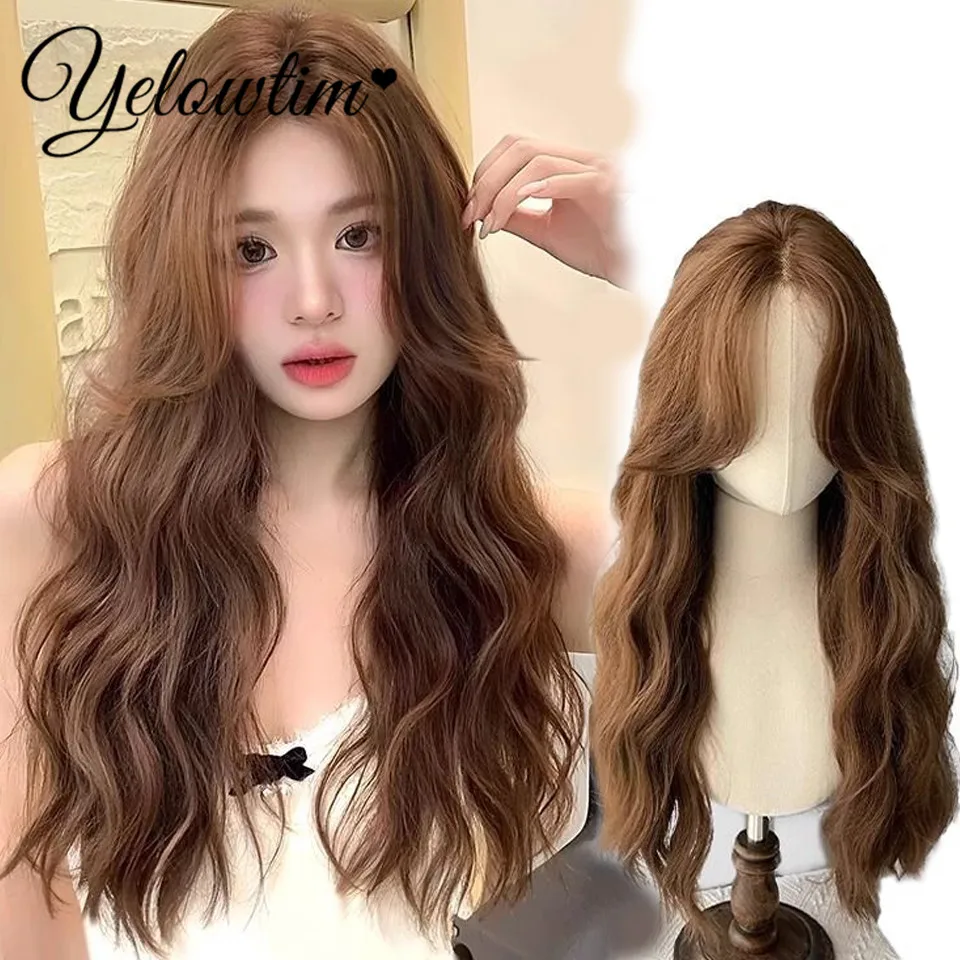 

YELOWTIM Synthetic wig long curly hair full head cover style brown water ripple full top fake head cover for women's daily wear