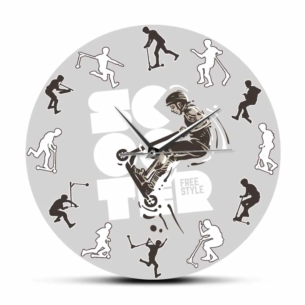 Stunt Scooter Boy Modern Design Wall Clock For Teenage Bedroom Cool Extreme Scooter Home Decor Wall Watch Stunts Sports Artwork