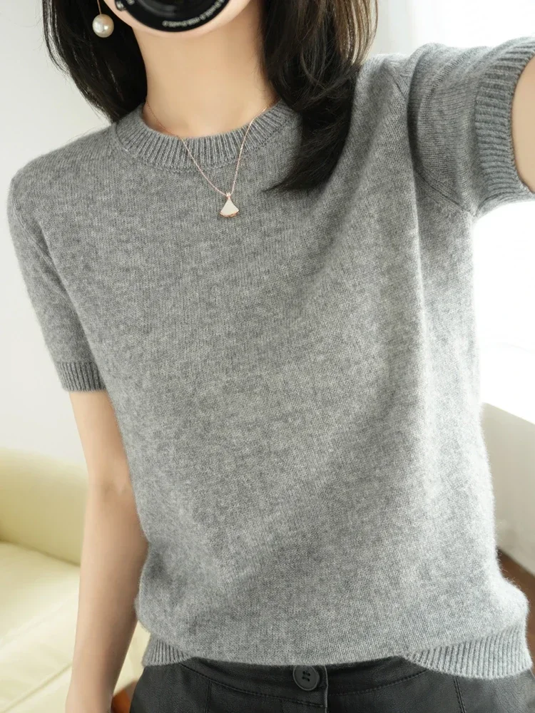 2024 Spring Autumn Women Sweaters Short Sleeves O-neck Bottoming Shirts Knitwear Summer Knit Tops Pullovers Korean Jumpers