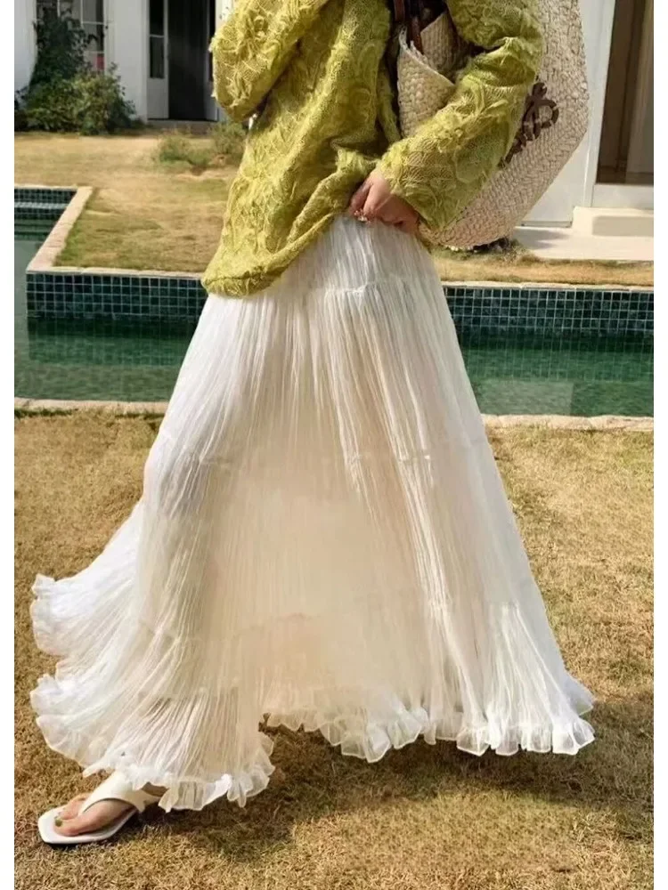 Süßer Seidenfaltenrock, Sommer, mittellanger Rock, Damen, elastisch, hohe Taille, Rüschen-Design, A-Linien-Röcke, Weiß, Schwarz, Gelb, Blau