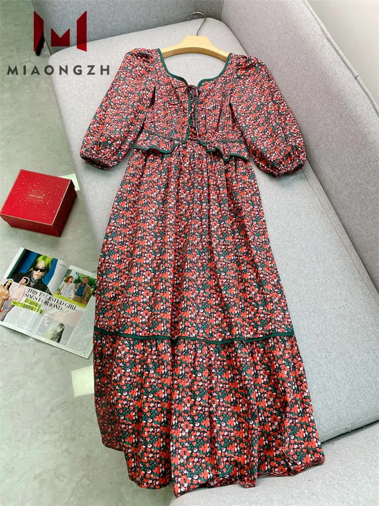 

High Quality 2025 Summer New Printing Dress For Women Square Collar Short Sleeve Temperament High Waist Elegant Party Dresses