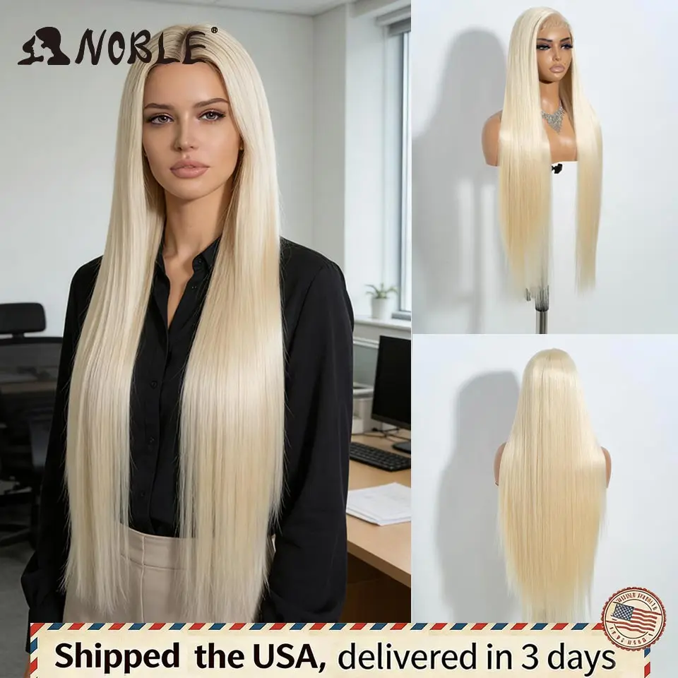 

Синтетический парик с кружевной передней частью, 38 дюймов # Платиновый блонд 613, прямые волосы, естественная линия роста волос, термостойкие, доставка по США, для повседневной носки и косплея