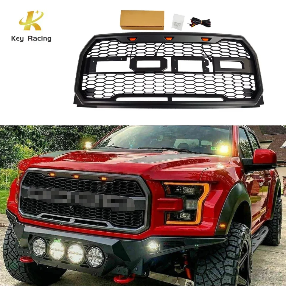 

Front Bumper Center Grille For Ford F150 2004-2025 F250 2005-2020 Raptor Style Grille with Lights Car Accessories