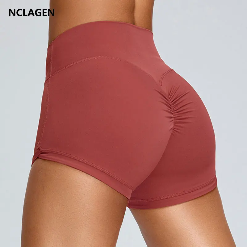 NCLAGEN Spodenki sportowe damskie Gym High Waist NO Front Seam Naked Feel Fitness Leggings Running Scrunch Peach Butt Biker Shorts