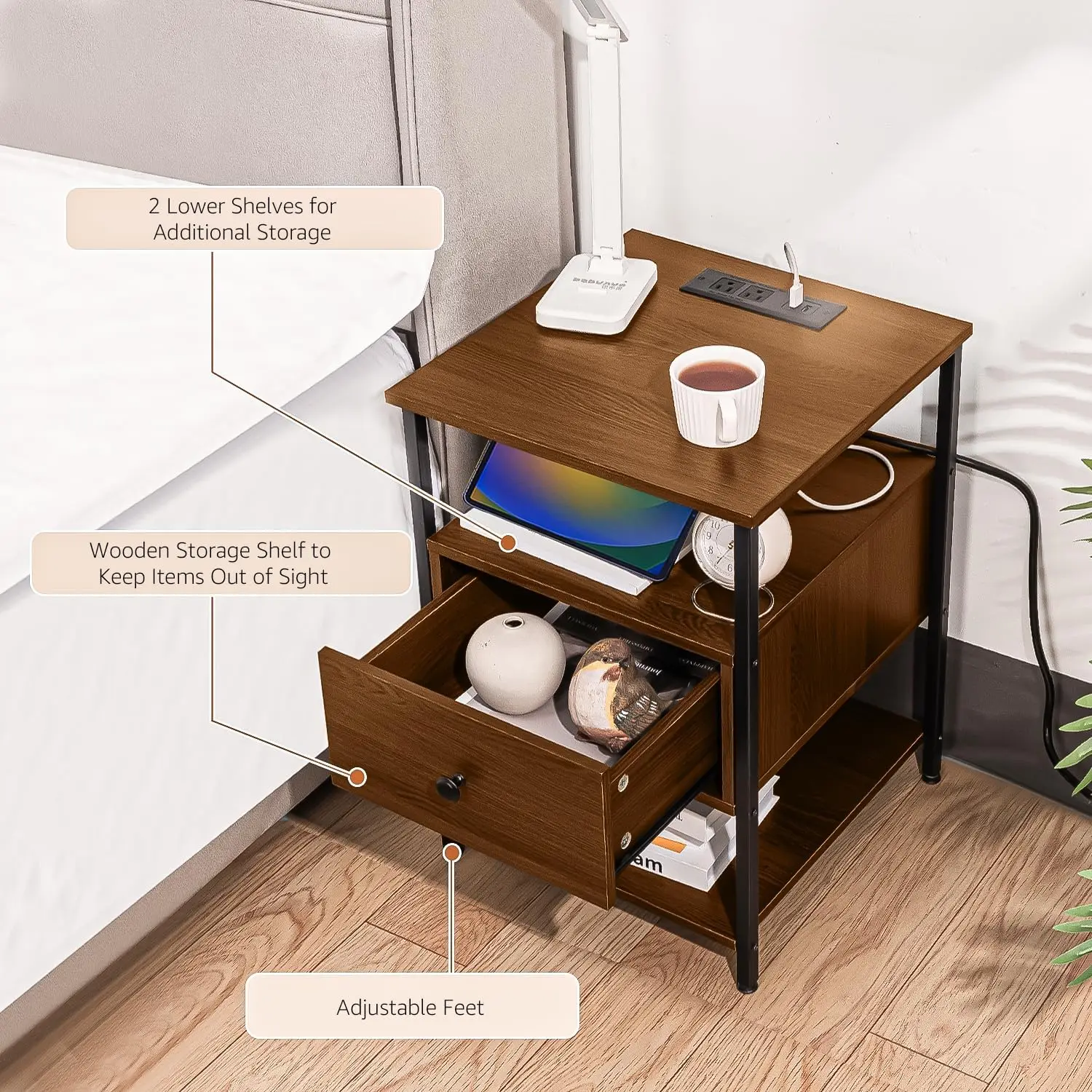

Wooden Nightstand With Charging Station Usb Port And Single Drawer | Bedside Table End Cabinet For Living Room Bedroom Dorm -