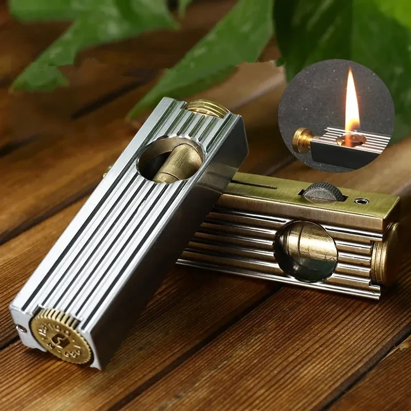 Retro-Ziehfeuerzeug aus reinem Kupfer mit horizontaler Zwei-Wege-Schleifscheibe, Kerosin-Feuerzeug, Raucherzubehör, Gadgets für Männer