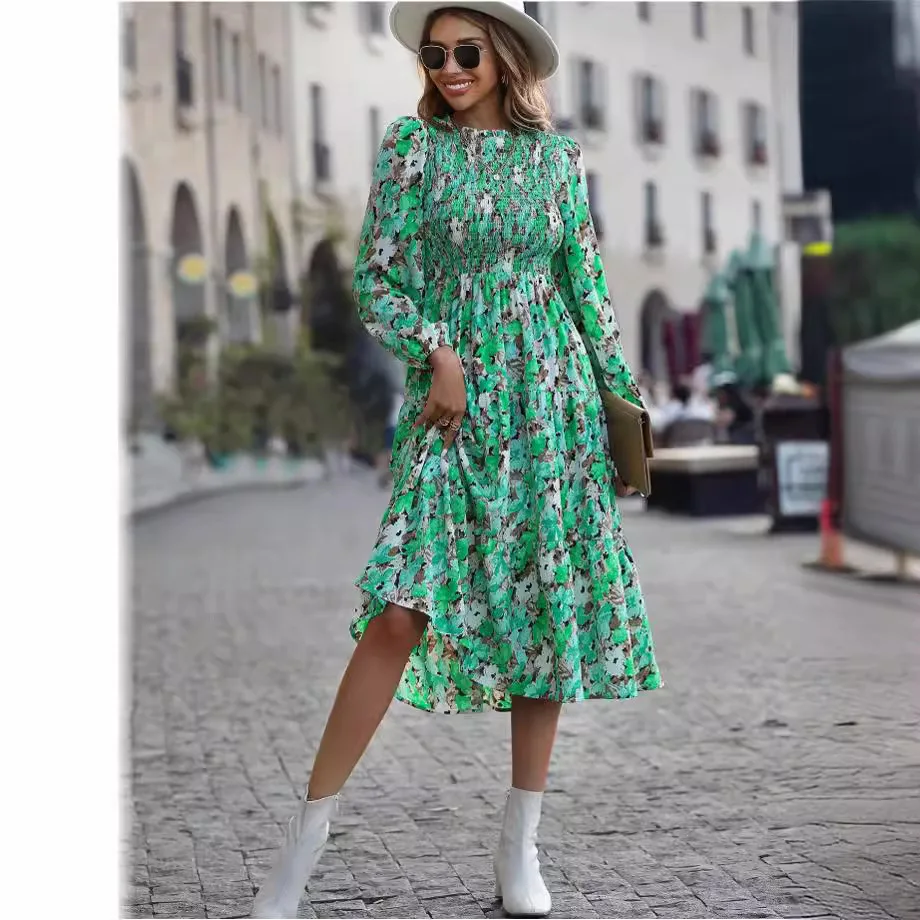 

Летнее платье для женщин с цветочным принтом, платье с круглым вырезом и длинными рукавами, юбка-торт, мини-платье, короткие платья для женщин