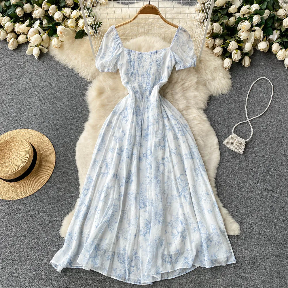 Vestido de Verano con Estampado Floral, Cuello Cuad, Estilo Retro, Cintura Ajustada, Manga Corta, Línea A, para Mujeres J...