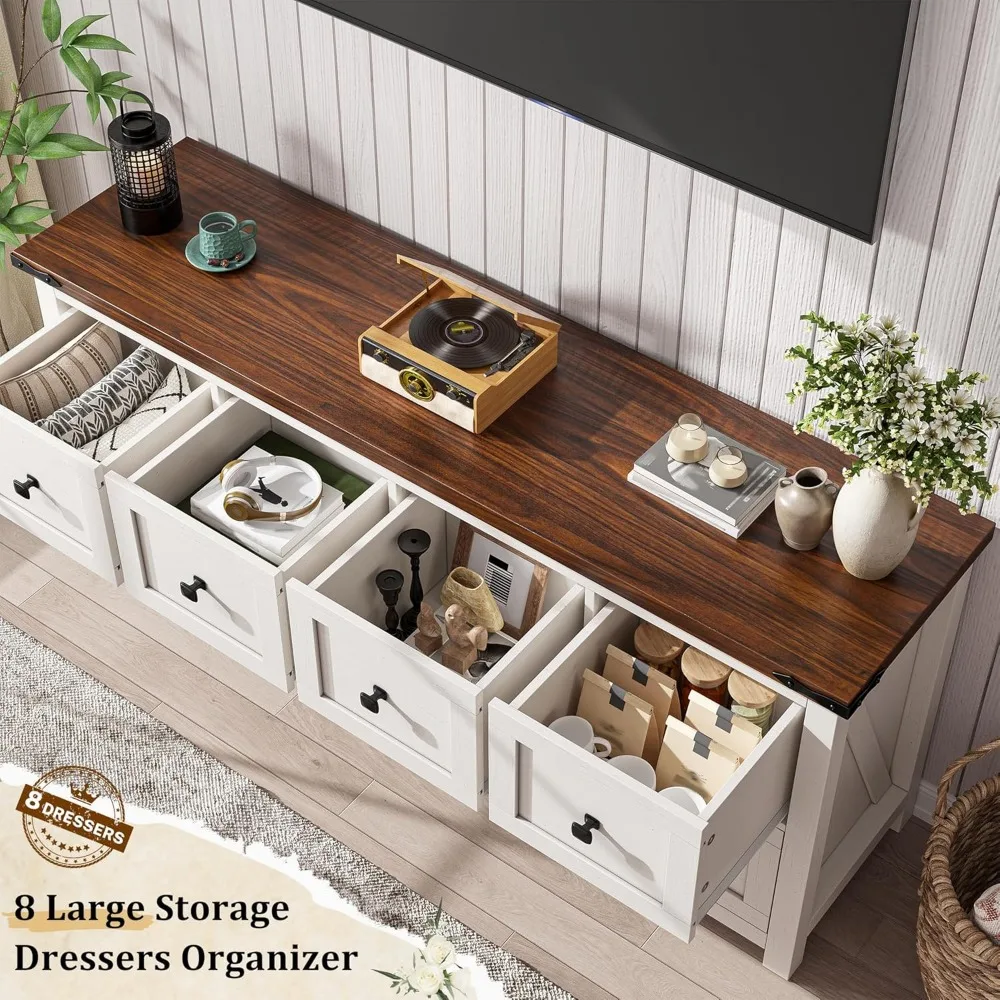 خزانة أنيقة على طراز المزرعة الخشبية ذات 8 أدراج للتلفزيون والتخزين في غرفة النوم أو المدخل أو المدخل
