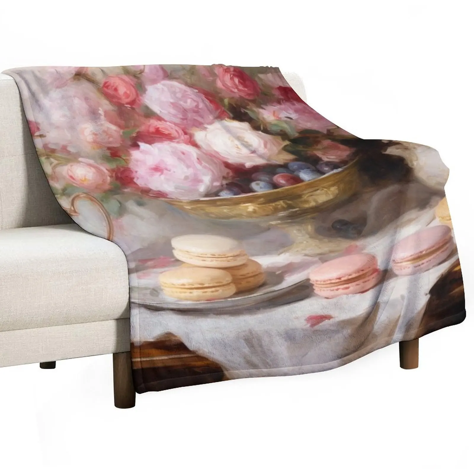 Coquette aesthetic vintage painting of a nature morte with macaroons Throw Blanket Sofa Flannel Blankets