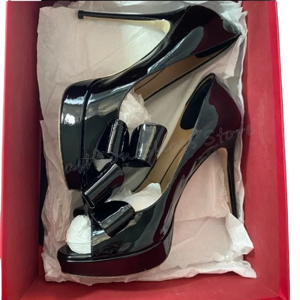 블랙 들여다 발가락 활 매듭 장식 펌프 플랫폼 Stilettos 하이힐 여성용 하이힐 신발 2025 New Zapatos Para Mujere