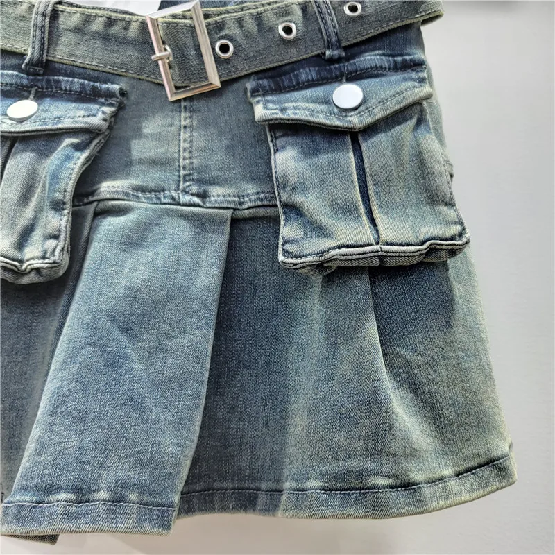 Mini Jupe Cargo Plissée en Denim pour Femme, Streetwear, Y2K, avec Poches, Ceinture à Œillets, Mode Décontractée, Automne 2024