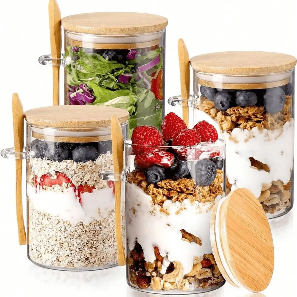 

8PCS Glass Food Storage Containers (4 Cups 4 Lids), With Lids And Spoons, Overnight Oats Jar With Lid And Spoon Chia Pudding Sa