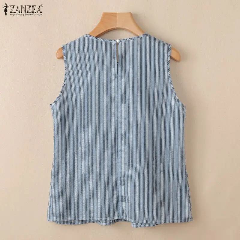 ZANZEA 2026 Sommer Gestreifte Tanktops für Damen O-Ausschnitt mit Rüschenbesatz Lose Ärmellose Tops Lässige Schicke Streetwear Damenkleidung – Detail 11