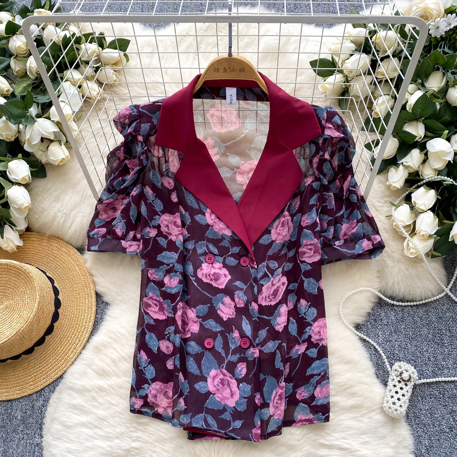 

Chic Sweet Double Breasted Notched print sheer Blouse Elegant French Fashion Sexy Shirt summer Women Top