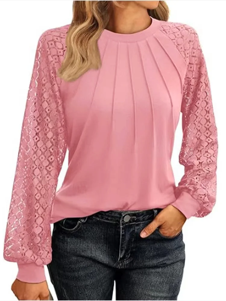 Elegant Lace Pleated Solid Color Shirts Women's Round Neck Lantern Long Sleeved Blouse Autumn Daily Casual Top image 6