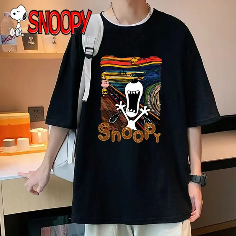 Kawaii Snoopy T-shirt Cartoon Creativity Man Women Print Round Neck Top Summer Fashion Oil Painting Style Couple Short-Sleeved