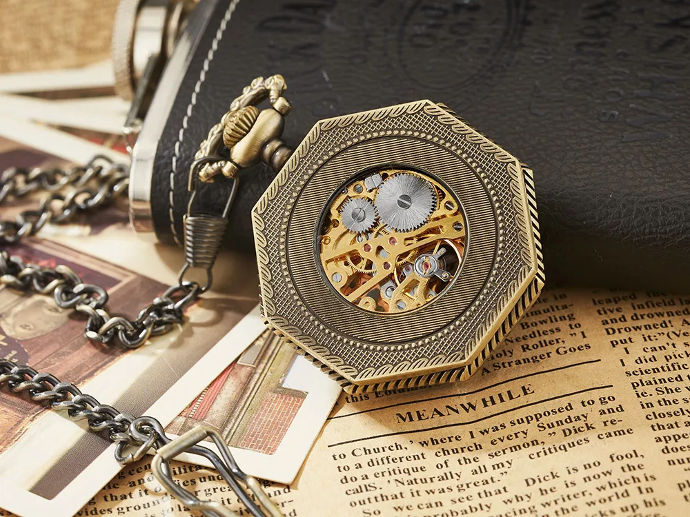 Ramadan Classic Hexagonal Mechanical Pocket Watch FOB Chain Steampunk Roman Dial Skeleton Gold Hollow Steel Men's Pocket Watch