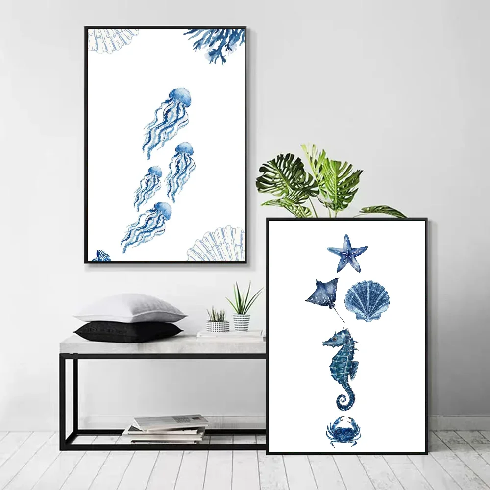 1pc Retro Sea Animal Cyanea Jellyfish Squid Shark Poster Self-adhesive Art Waterproof Paper Sticker Wall Decor