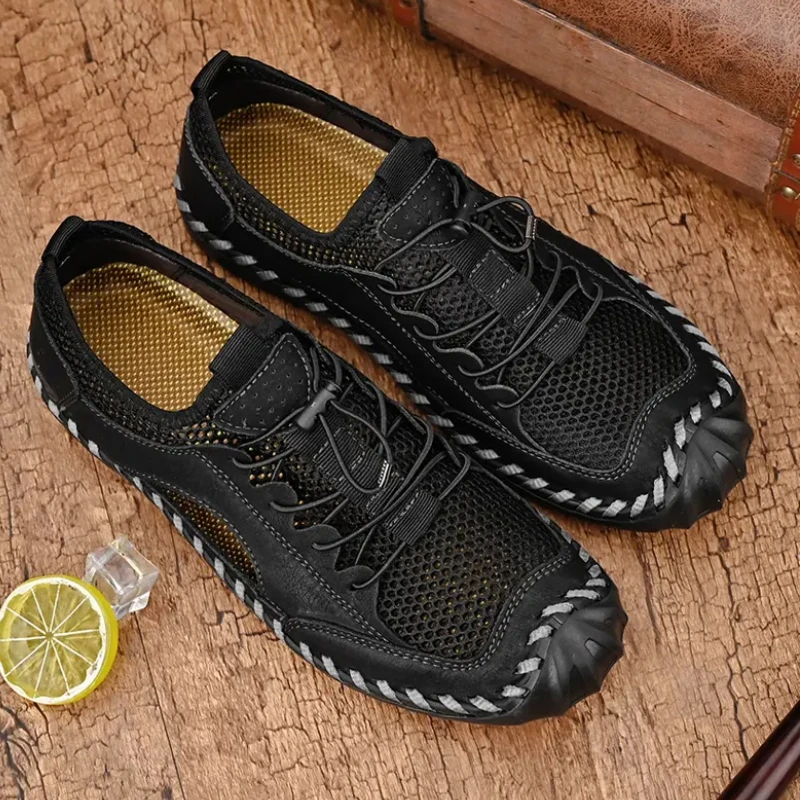 Men Elastic Band Sandals Summer New Handmade Mesh Loafers Breathable Large Size Shoes Retro Driving Flats Sapato Masculinos image 6