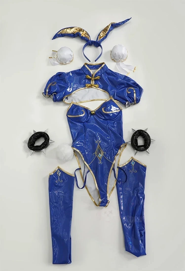 Street Fighter Chun-Li Cosplay-Kostüm-Set, blauer Leder-Jumpsuit, Cheongsam, Socken, Kopfbedeckung, Schmuck, sexy Halloween-Outfit für Damen