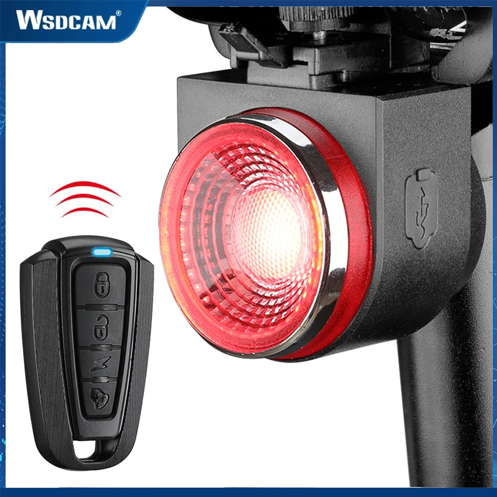 wsdcam anti theft bike alarm luz traseira deteccao de freio automatico bicicleta cauda lampada sem fio controle remoto ciclismo taillight 01