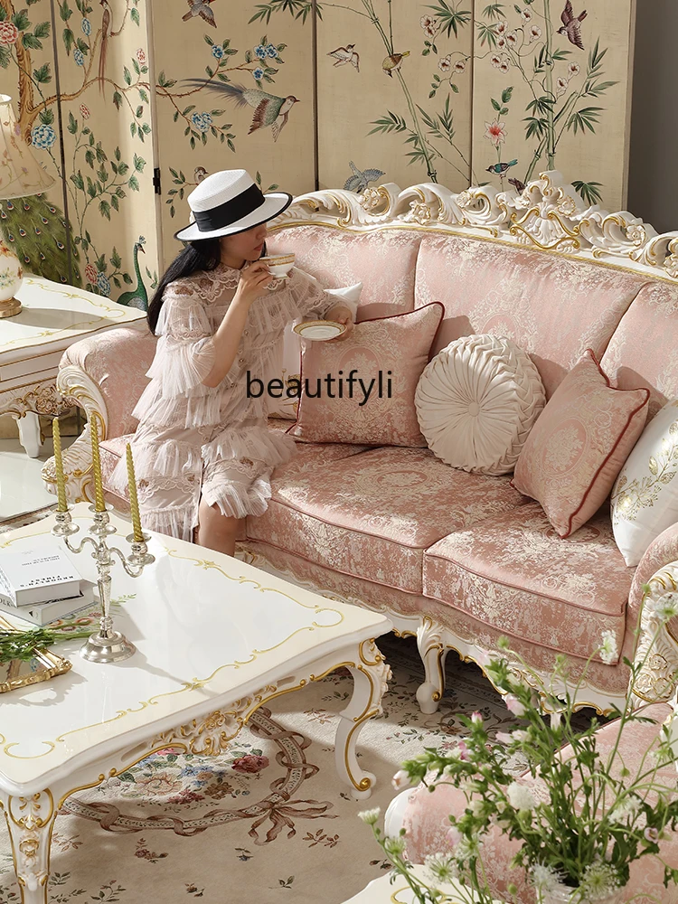 S132 French Pink Fabric Sofa Combination Living Room Solid Wood Hollow Carved European Furniture