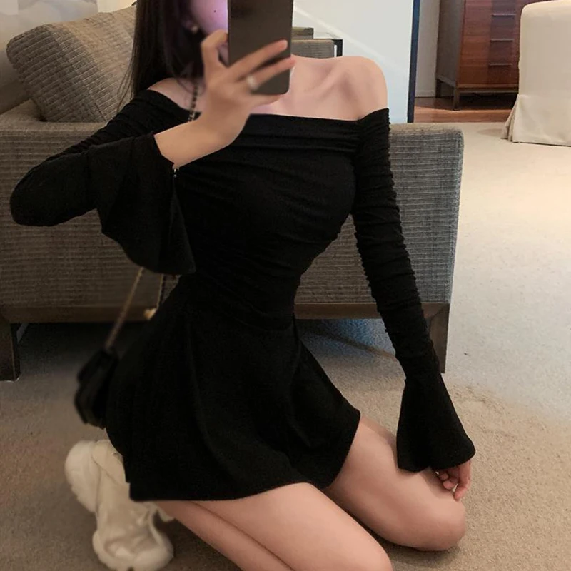 Off Shoulder Long-Sleeved Dress Spring Autumn Solid Color Pleated Design Slim Fitting Sexy Short Dress Sweet And Spicy