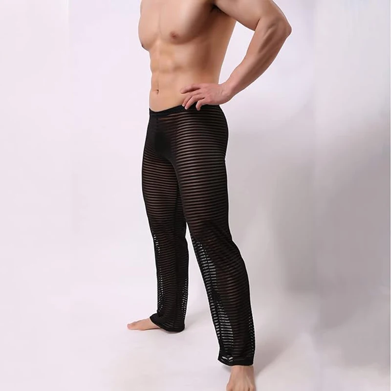 2024 Summer Pajamas Mens Sexy Mesh Pants See Through Hollow Out Breathable Mesh Trousers Men Casual Solid Color Loose Long Pant