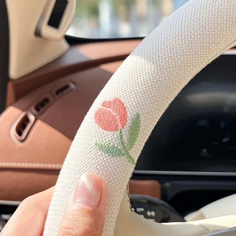 1pc Cotton and Linen Embroidered Tulip Car Steering Wheel Cover Auto Parts - Anti-Slip, Wear-Resistant, Sweat Absorbing view 4