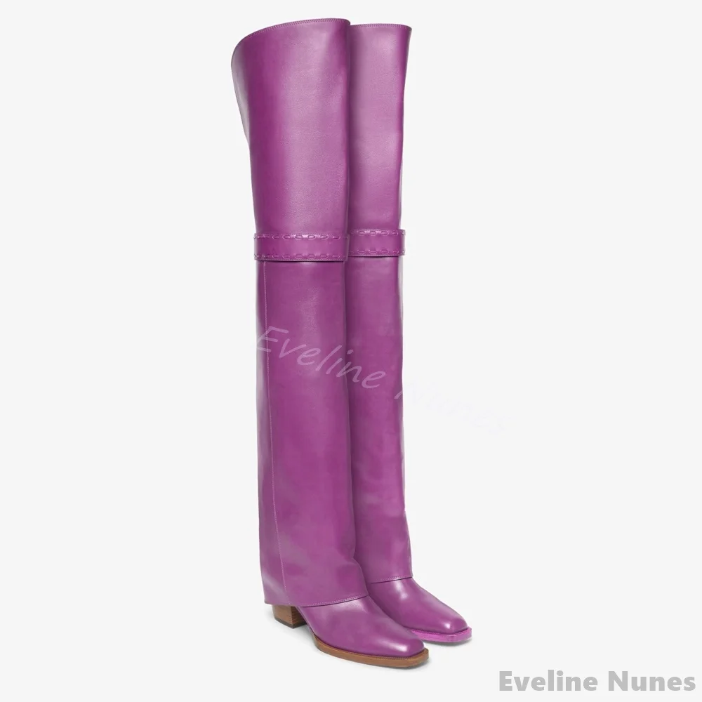 Straight Hem Over-the-knee Boots Women Fashion Solid Square Toe Chunky Heel Long Boots 2025 Retro Large Size Catwalk Knight Boot