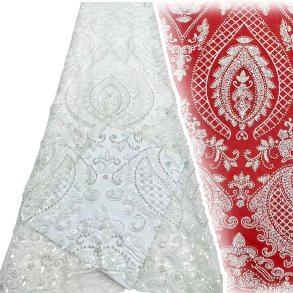 

African Tulle Lace Fabric French Sequins Fabric Sewing Embroidery With Beads Lace Tulle Mesh Nigeria Dress 5 Yards sewing SZ1682