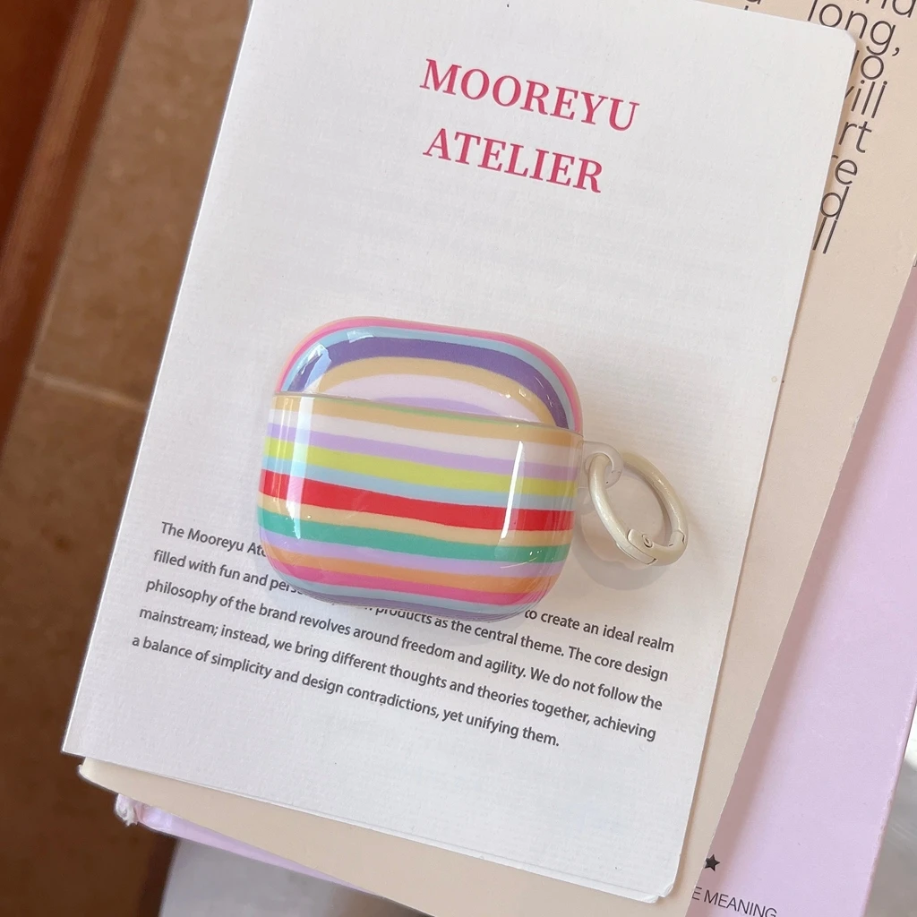 Airpods Case Cute Rainbow Stripe Glossy With Star Pendant  Anti-Scratch Protective Shell for AirPods 1 or 2 3 4 5 Pro 2 Pro 3