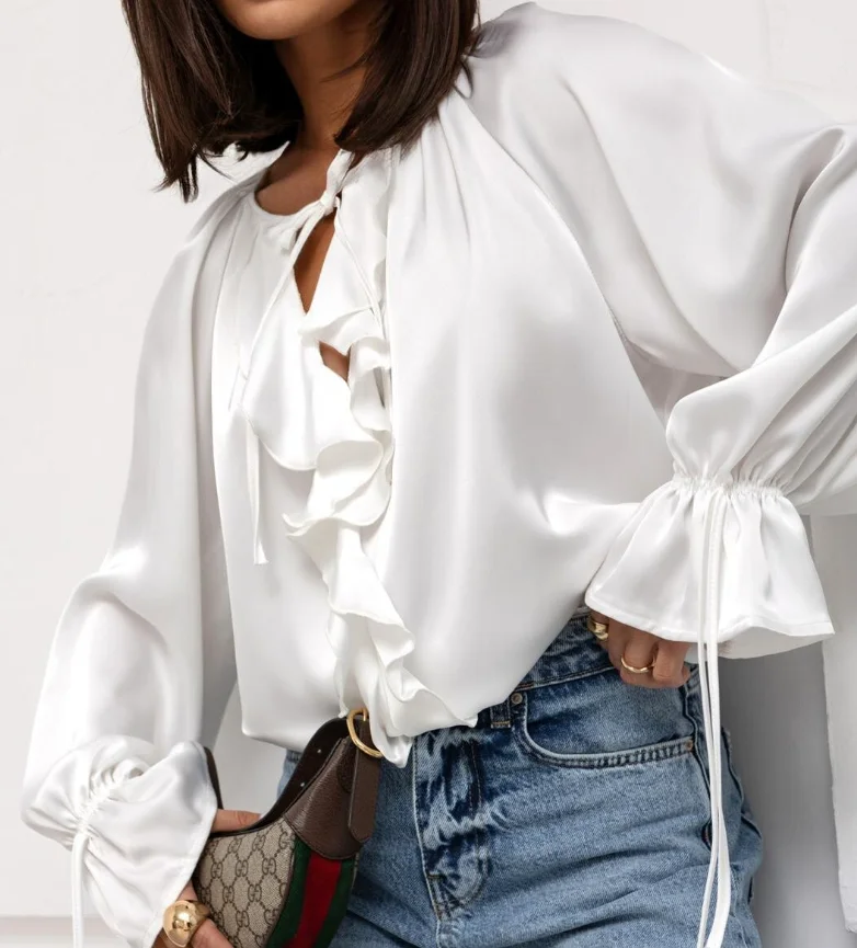 Spring and Autumn Versatile Ruffle Horn Sleeves V-Neck Strap Up Women's Shirt Solid Color High Grade Ruffle Decorative Shirt Top