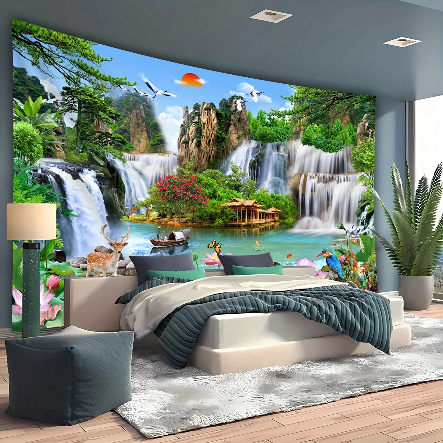 Chinese Landscape Waterfall Deer Tapestry Mountain River Nature Art Wall Hanging Feng Shui Decor Living Room Print