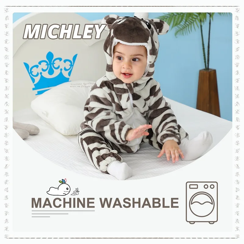 MICHLEY Halloween Baby Rompers Winter Clothes Costume Flannel Hooded Bodysuits Pajamas Animals Overall Jumpsuit For Kids Bebe