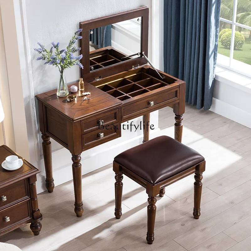 

LAmerican all-solid wood dresser small apartment ash wood bedroom clamshell makeup table desk