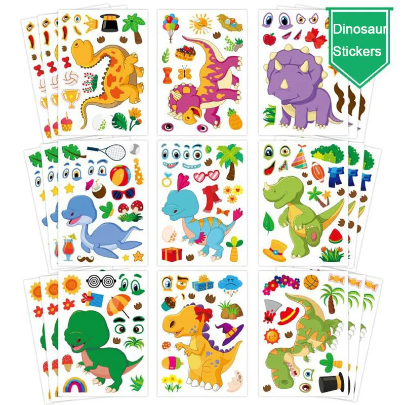 6-27Sheets Kids DIY Make A Dinosaur Face Stickers Party Favor Creative Make Children's Own Dinosaur Stickers Jigsaw Puzzle Toys