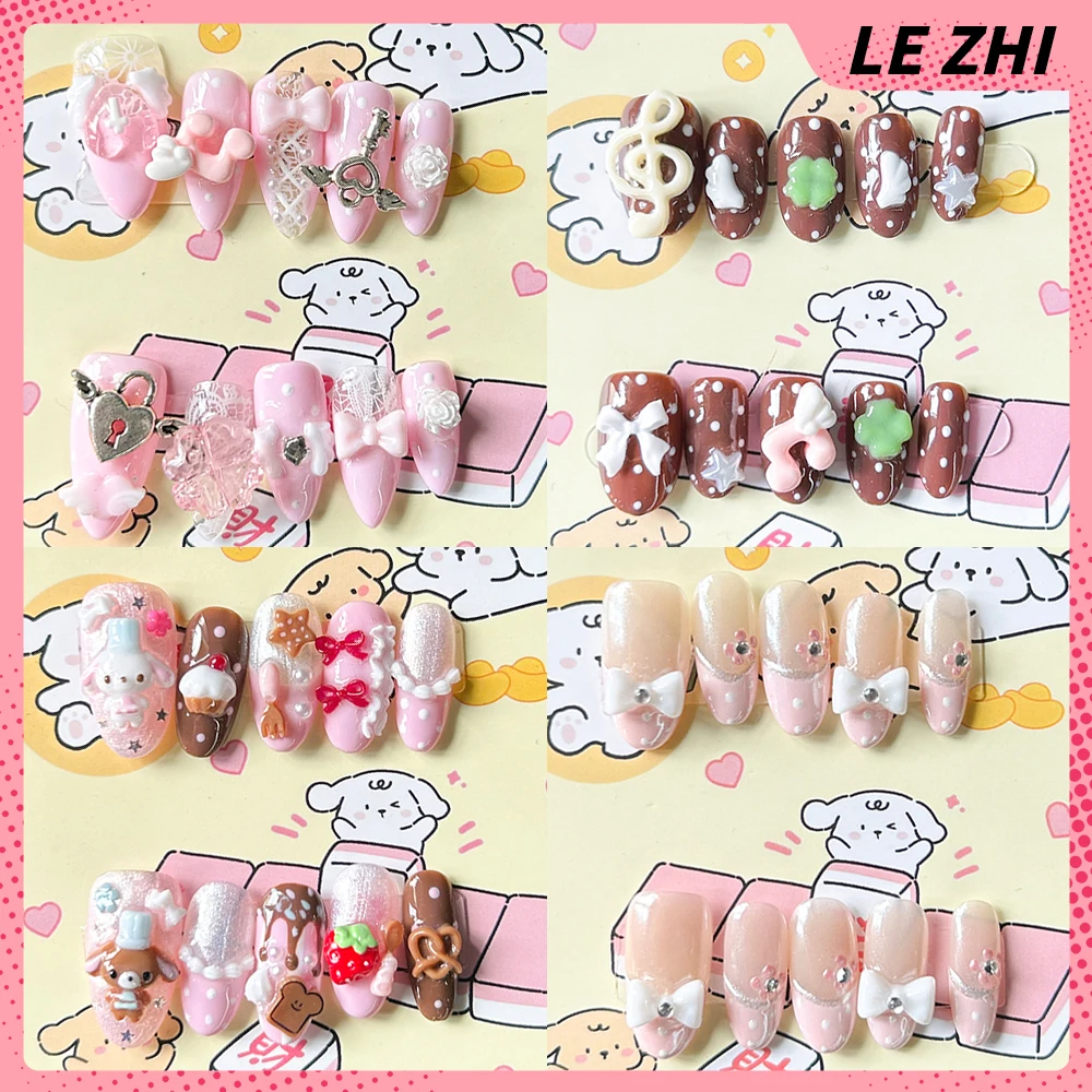 

Pink Cartoon 3D Rabbit Handmade Ellipse Nails Polka Point Four-Leaf Clover Note Strawberry Bowkont Wings Camellia Press On Nails