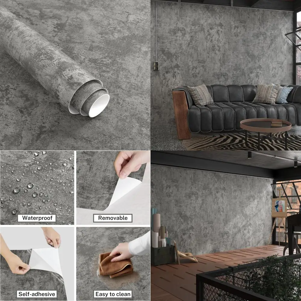 ورق جدران قابل للتقشير واللصق من الخرسانة الرمادية، ورق اتصال أسمنتي غير لامع مقاوم للماء وقابل للإزالة للاستخدام الصناعي